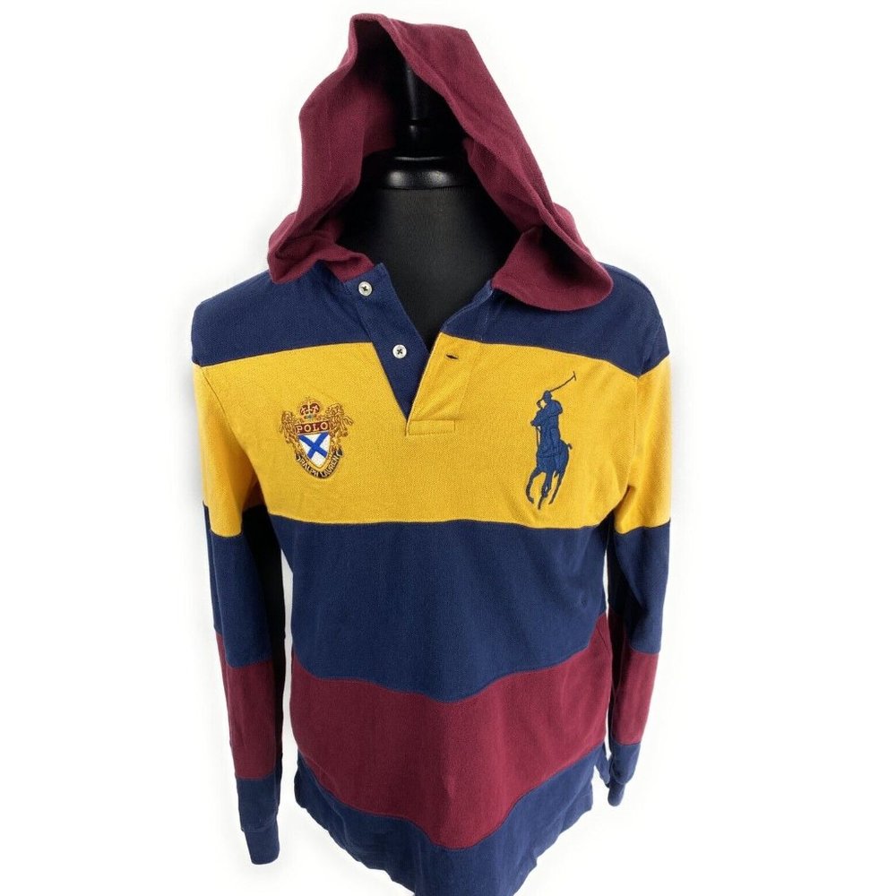 Polo Ralph Lauren Color block Stripe Hoodie Sweatshirt Red Yellow Blue Size M